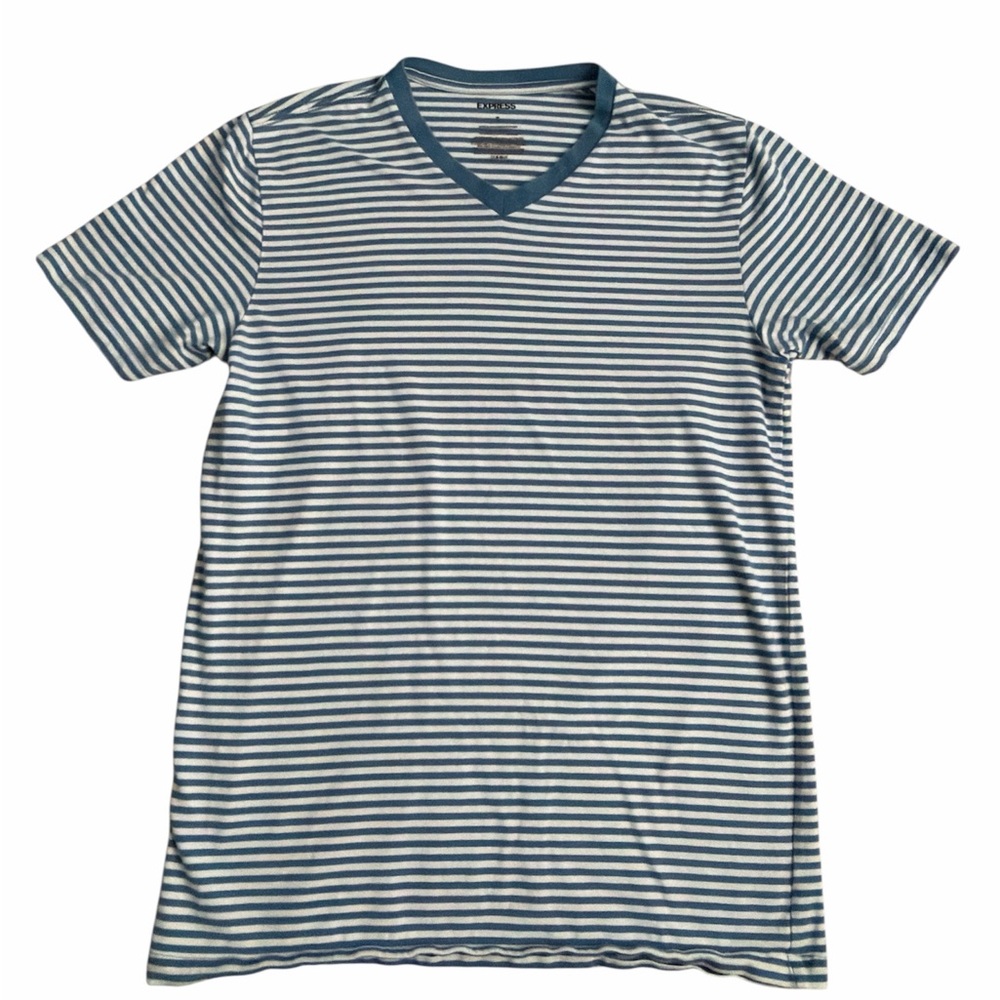 Express Shirt Men's Medium White Gray Striped V-Neck Short Sleeve